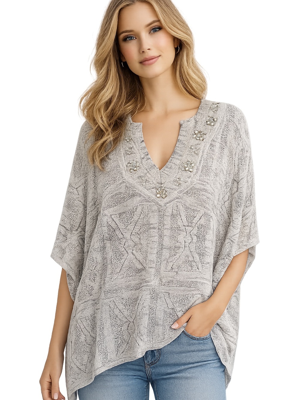 White House Black Market Light Gray Embellished V-Neck Tunic